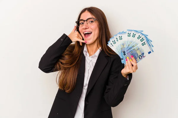 Young Caucasian Business Woman Holding Banknotes Isolated White Background Showing — Stock Photo, Image