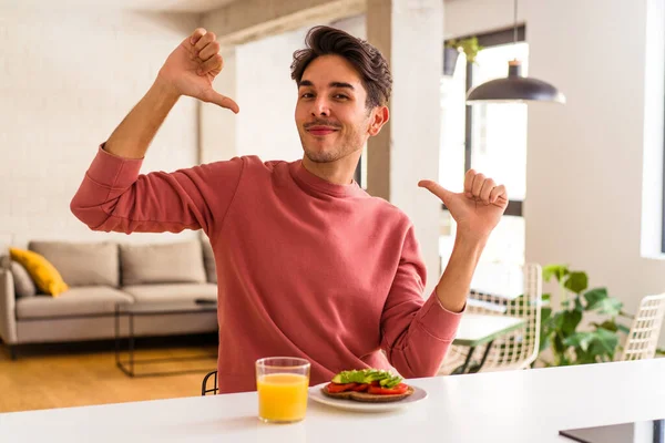 Young Mixed Race Man Having Breakfast His Kitchen Feels Proud — Stock Photo, Image