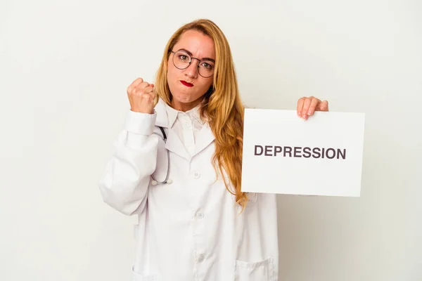 Blanke Arts Vrouw Met Een Depressie Bordje Geïsoleerd Witte Achtergrond — Stockfoto