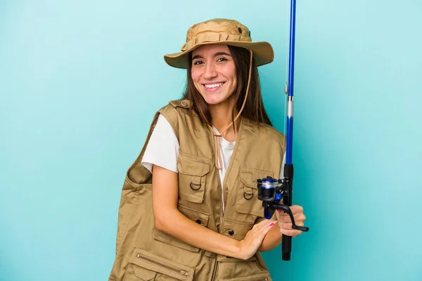 Young Caucasian Fisherwoman Isolated Blue Background Laughing Having Fun — Stock Photo, Image