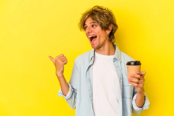Young Caucasian Man Makeup Holding Take Away Coffee Isolated Yellow — Stock Photo, Image