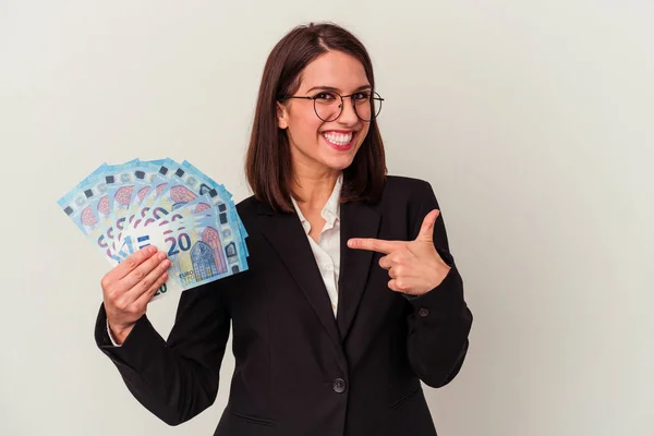 Young Business Caucasian Woman Holding Bills Isolated White Background — Stock Photo, Image