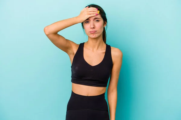 Young Sporty Caucasian Woman Isolated Blue Background Being Shocked She — Stock Photo, Image