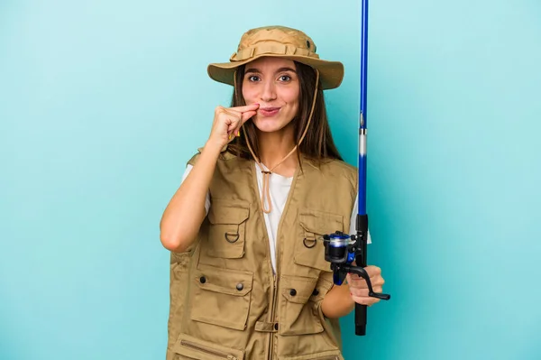 Young Caucasian Fisherwoman Isolated Blue Background Fingers Lips Keeping Secret — Stock Photo, Image