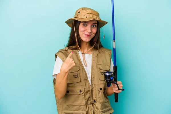 Young Caucasian Fisherwoman Isolated Blue Background Pointing Finger You Inviting — Stock Photo, Image