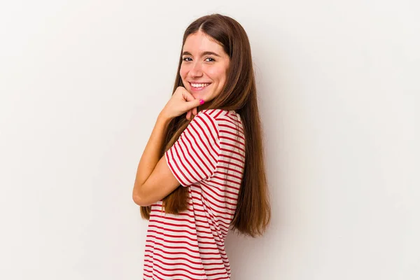 Young Caucasian Woman Isolated White Background Smiling Happy Confident Touching — Stock Photo, Image