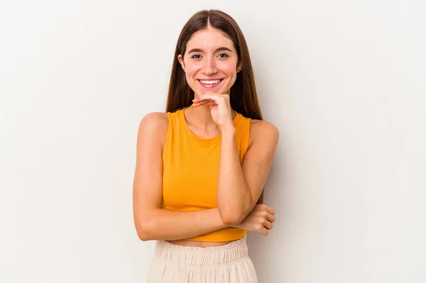 Giovane Donna Caucasica Isolata Sfondo Bianco Sorridente Felice Fiducioso Toccando — Foto Stock