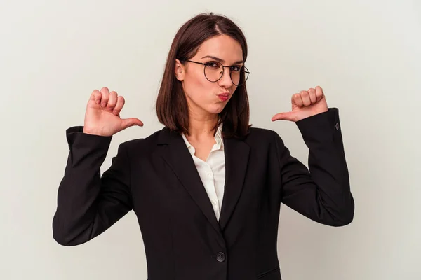 Young Business Woman Isolated White Background Feels Proud Self Confident — Stock Photo, Image