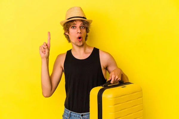 Young Caucasian Man Makeup Going Travel Isolated Yellow Background Having — Stock Photo, Image
