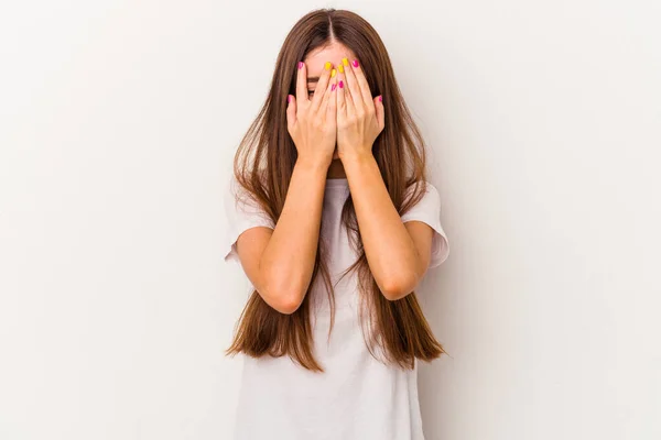 Young Caucasian Woman Isolated White Background Blink Camera Fingers Embarrassed — Stock Photo, Image