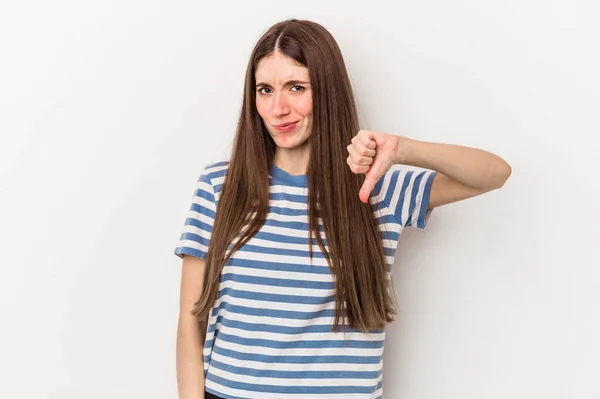 Young Caucasian Woman Isolated White Background Showing Thumb Disappointment Concept — Stock Photo, Image
