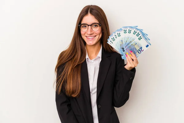 Young Caucasian Business Woman Holding Banknotes Isolated White Background Happy — Stock Photo, Image