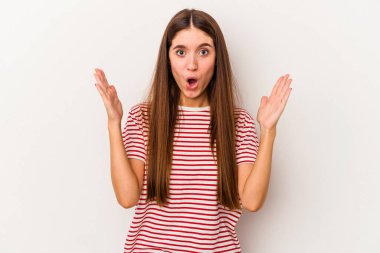 Beyaz arka planda izole genç beyaz kadın bir fikri, ilham konsepti var.