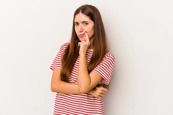 Young Caucasian Woman Isolated White Background Unhappy Looking Camera Sarcastic — Stock Photo, Image