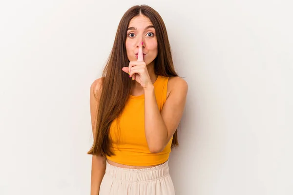 Young Caucasian Woman Isolated White Background Keeping Secret Asking Silence — Stock Photo, Image