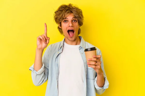 Young Caucasian Man Makeup Holding Take Away Coffee Isolated Yellow — Stock Photo, Image