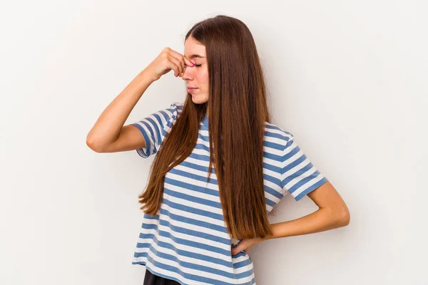 Young Caucasian Woman Isolated White Background Having Head Ache Touching — Stock Photo, Image