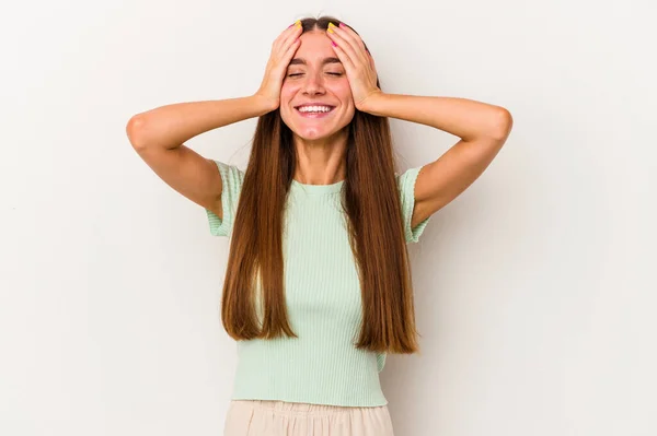 Young Caucasian Woman Isolated White Background Laughs Joyfully Keeping Hands — Stock Photo, Image