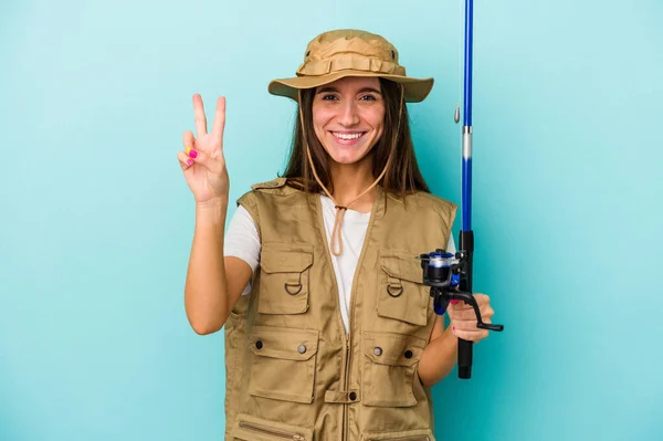 Young Caucasian Fisherwoman Isolated Blue Background Showing Number Two Fingers — Stock Photo, Image