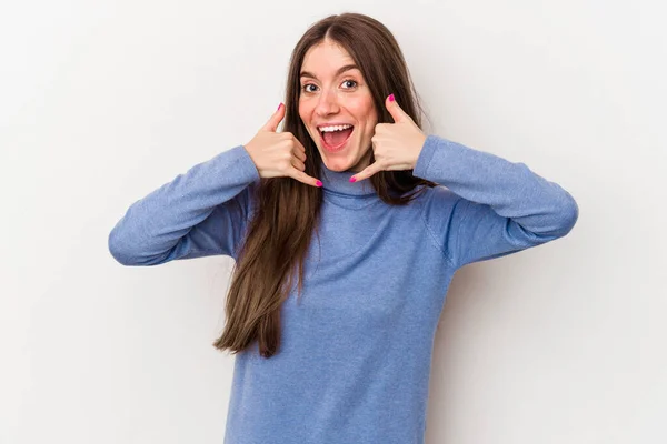 Mujer Joven Caucásica Aislada Sobre Fondo Blanco Mostrando Gesto Llamada — Foto de Stock