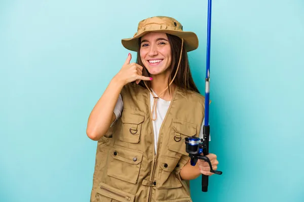 Young Caucasian Fisherwoman Isolated Blue Background Showing Mobile Phone Call — Stock Photo, Image