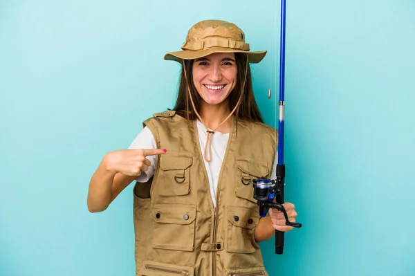 Young Caucasian Fisherwoman Isolated Blue Background Person Pointing Hand Shirt — Stock Photo, Image