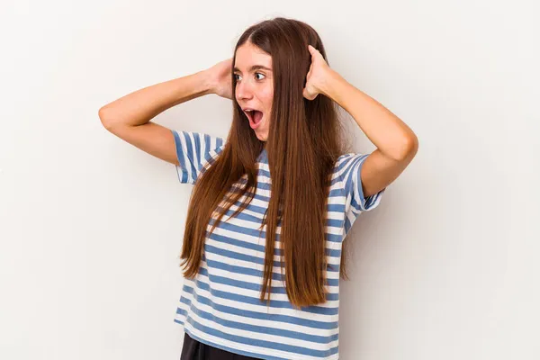 Young Caucasian Woman Isolated White Background Screaming Very Excited Passionate — Stock Photo, Image