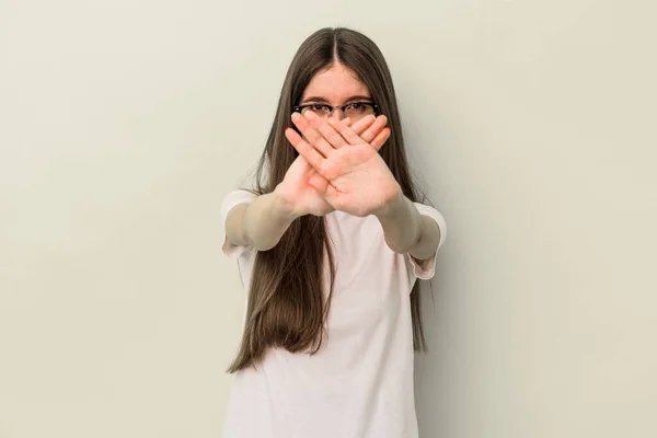 Young Caucasian Woman Isolated Yellow Background Doing Denial Gesture — Stock Photo, Image