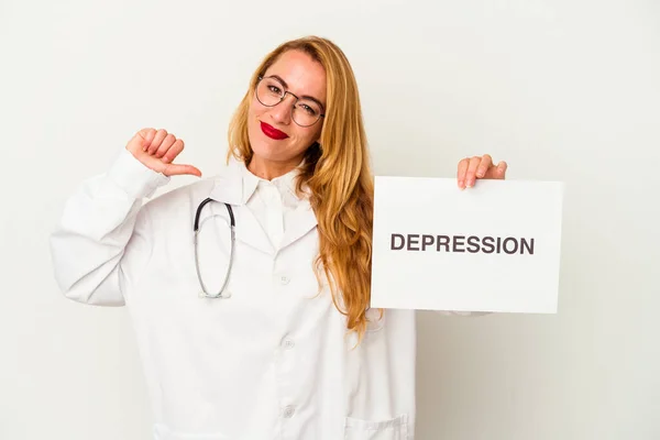 Blanke Arts Vrouw Met Een Depressie Bordje Geïsoleerd Witte Achtergrond — Stockfoto