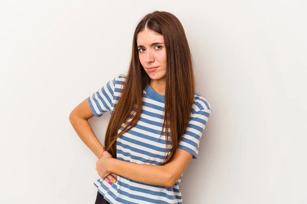 Young Caucasian Woman Isolated White Background Having Liver Pain Stomach — Stock Photo, Image