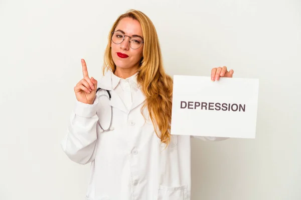 Blanke Arts Vrouw Met Een Depressie Bordje Geïsoleerd Witte Achtergrond — Stockfoto