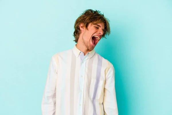 Young Caucasian Man Make Isolated Blue Background Dancing Having Fun — Stock Photo, Image