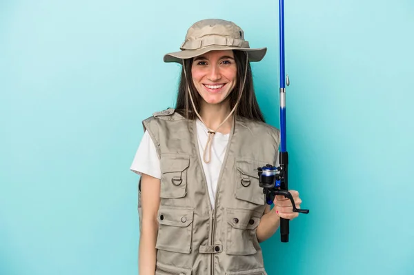Young Caucasian Fisherwoman Isolated Blue Background Happy Smiling Cheerful — Stock Photo, Image