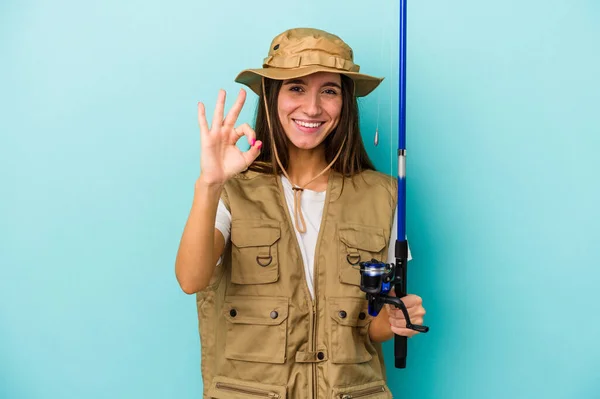 Young Caucasian Fisherwoman Isolated Blue Background Cheerful Confident Showing Gesture — Stock Photo, Image