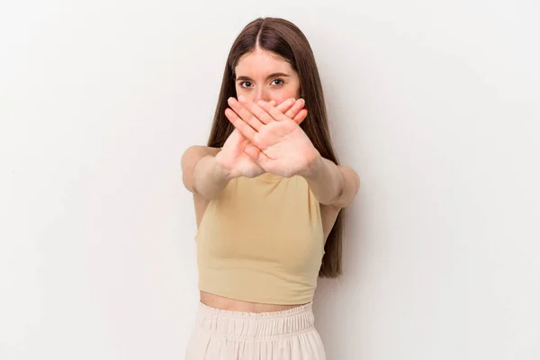 Young Caucasian Woman Isolated White Background Doing Denial Gesture — Stock Photo, Image