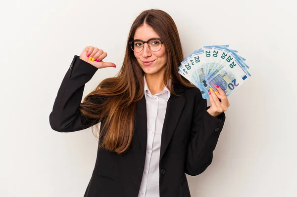 Young Caucasian Business Woman Holding Banknotes Isolated White Background Feels — Stock Photo, Image