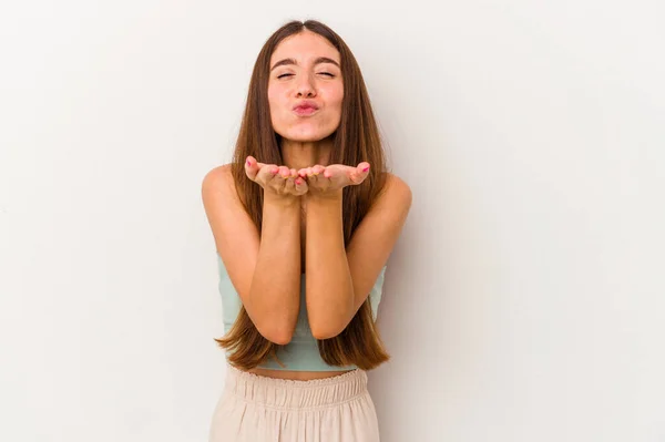 Jonge Kaukasische Vrouw Geïsoleerd Witte Achtergrond Vouwen Lippen Het Vasthouden — Stockfoto