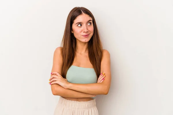 Jonge Blanke Vrouw Geïsoleerd Witte Achtergrond Dromen Van Het Bereiken — Stockfoto