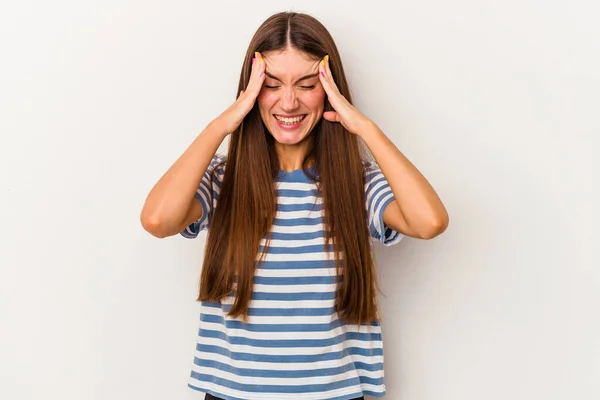 Jonge Blanke Vrouw Geïsoleerd Witte Achtergrond Aanraken Van Tempels Met — Stockfoto