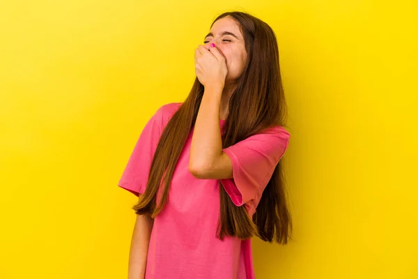 Young Caucasian Woman Isolated Yellow Background Laughing Happy Carefree Natural — Stock Photo, Image