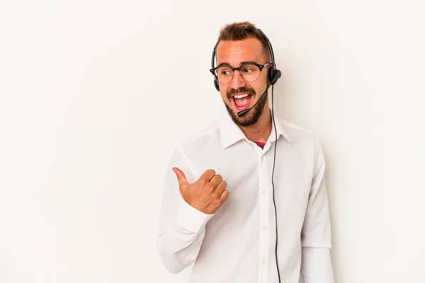 Young Caucasian Telemarketer Man Tattoos Isolated White Background Points Thumb — Stock Photo, Image
