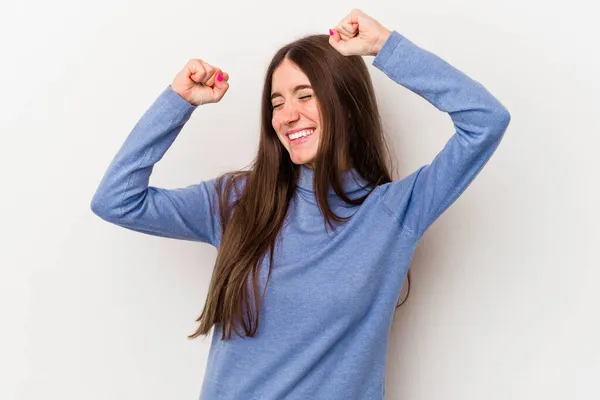 Mujer Caucásica Joven Aislada Sobre Fondo Blanco Celebrando Día Especial — Foto de Stock