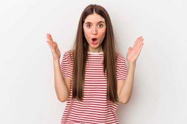 Beyaz arka planda izole genç beyaz kadın bir fikri, ilham konsepti var.