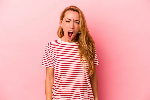 Caucasian Blonde Woman Isolated Pink Background Shouting Very Angry Rage — Stock Photo, Image