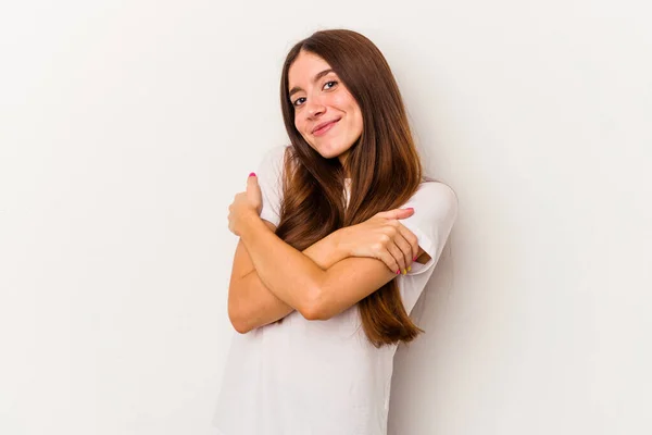 Beyaz Arka Planda Izole Edilmiş Genç Beyaz Kadın Kucaklaşma Kaygısız — Stok fotoğraf
