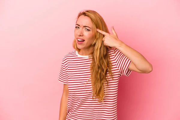 Caucasian Blonde Woman Isolated Pink Background Showing Disappointment Gesture Forefinger — Stock Photo, Image