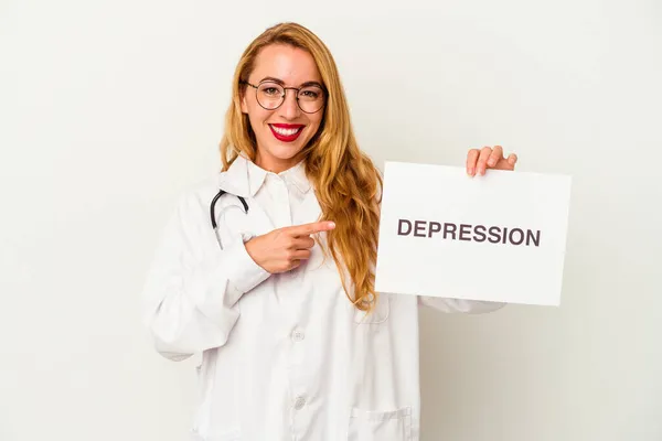 Blanke Dokter Vrouw Houdt Een Depressie Bordje Geïsoleerd Witte Achtergrond — Stockfoto