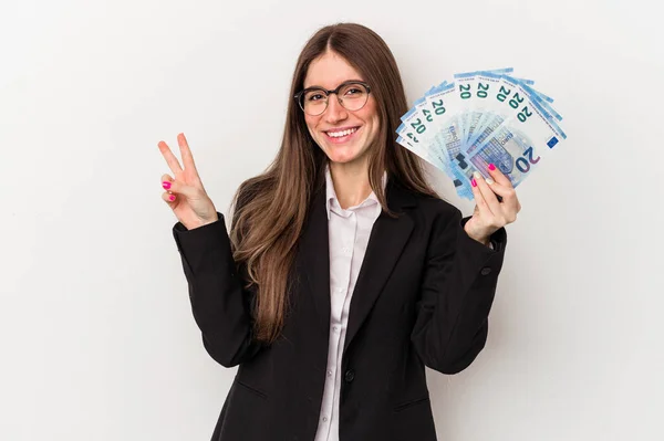 Young Caucasian Business Woman Holding Banknotes Isolated White Background Joyful — Stock Photo, Image