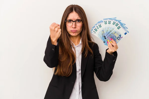 Joven Mujer Negocios Caucásica Sosteniendo Billetes Aislados Sobre Fondo Blanco — Foto de Stock