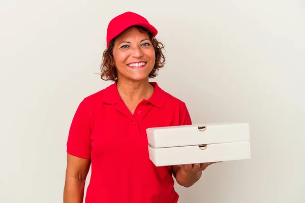 Middle Age Delivery Woman Taking Pizzas Isolated White Background Happy — ストック写真